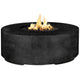 Round concrete gas fire pit with burning flames, black finish