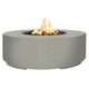 Round concrete gas fire pit with burning flames, ultra white concrete finish