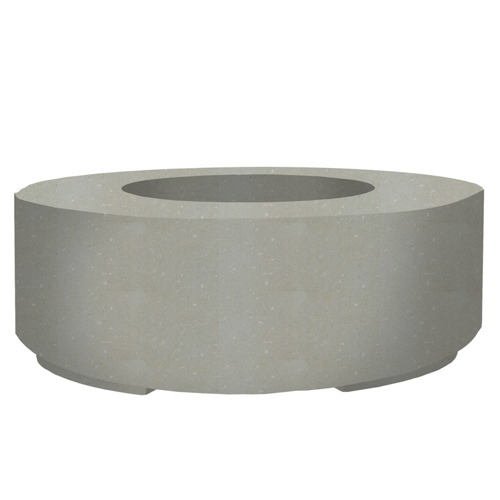 Round concrete gas fire pit with central burner opening in light gray finish