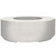 Round concrete gas fire pit with wide fire bowl opening, light stone finish