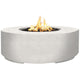 Round concrete gas fire pit with flame, dark inner burner bowl and open top