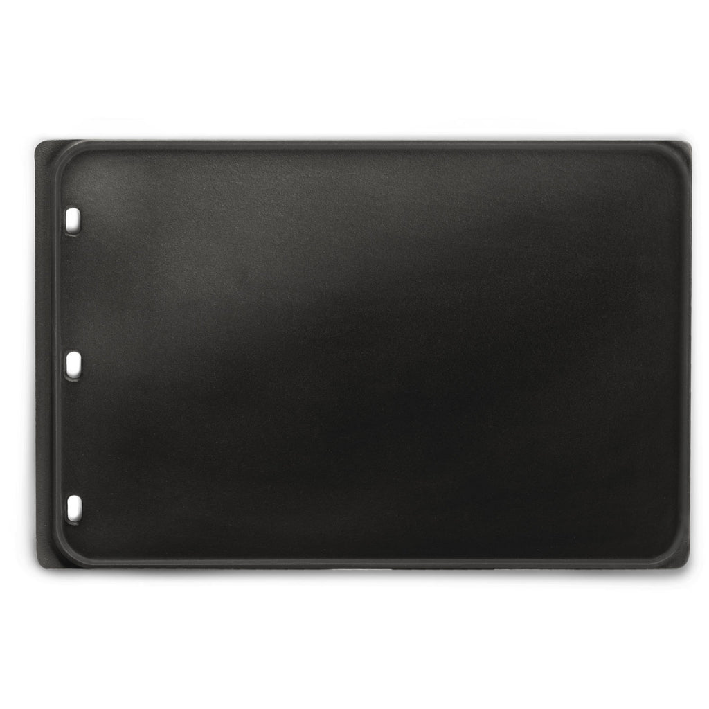 Reversible cast iron griddle, dark rectangular cooking surface with mounting holes