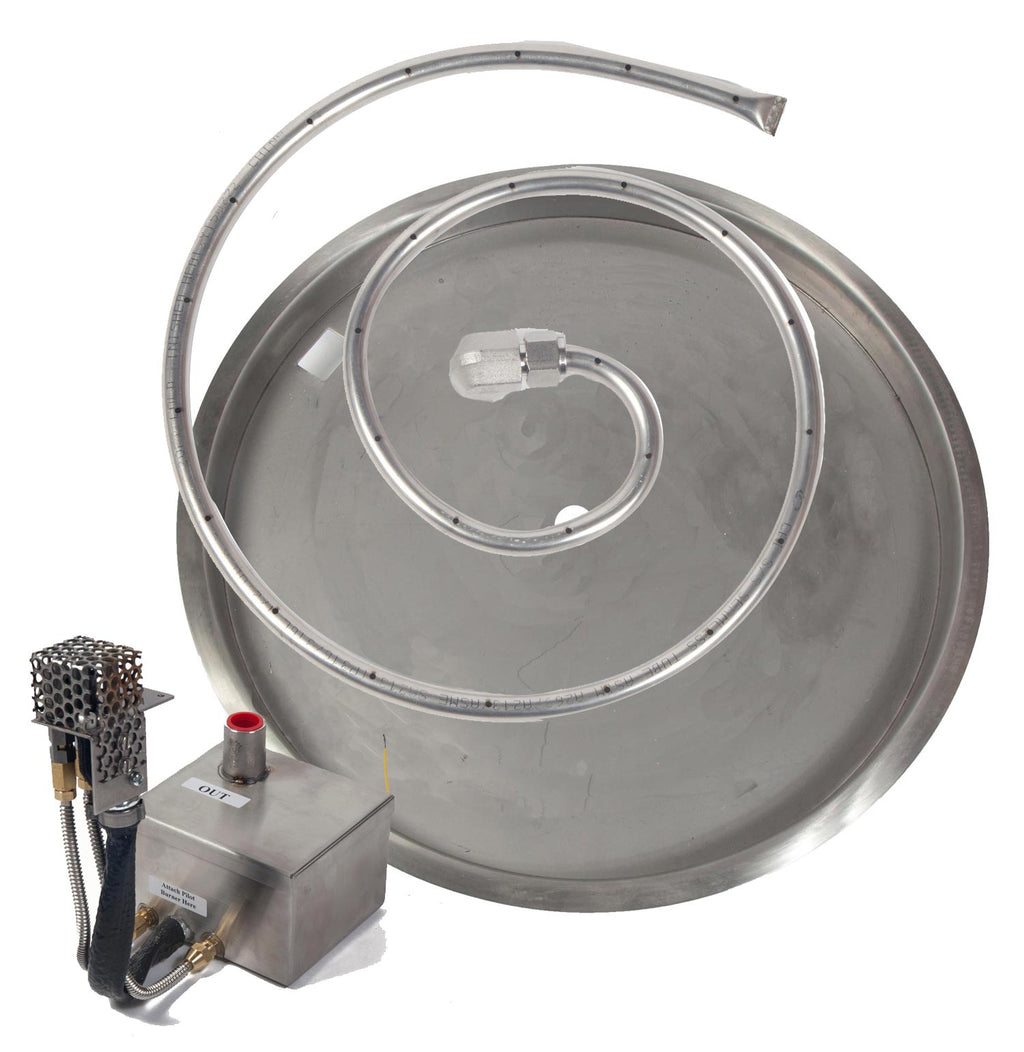 Gas fire pit burner kit with round drop-in pan and electronic ignition module, metal finish