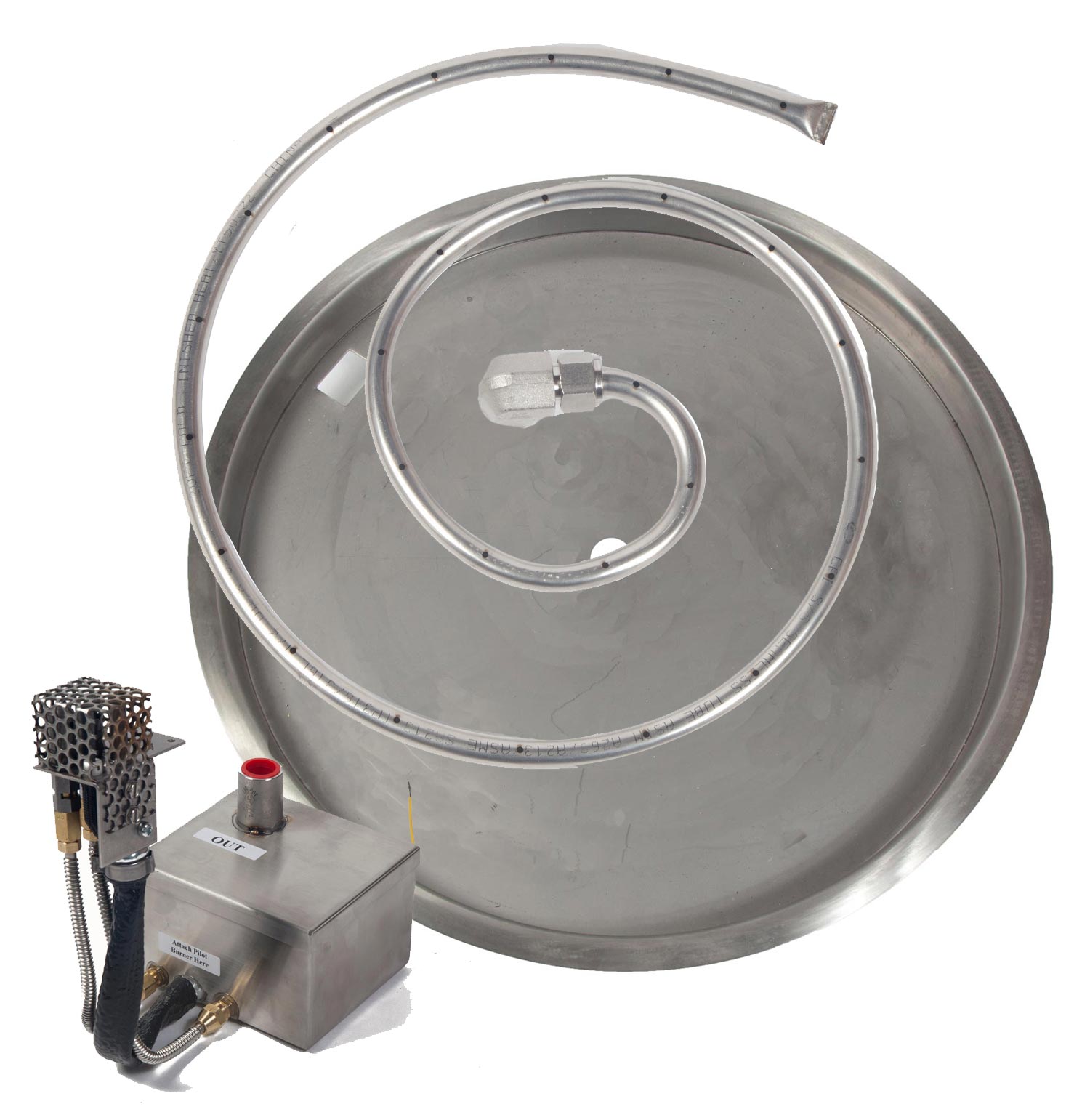 Gas fire pit burner kit with round drop-in pan and electronic ignition module, metal finish