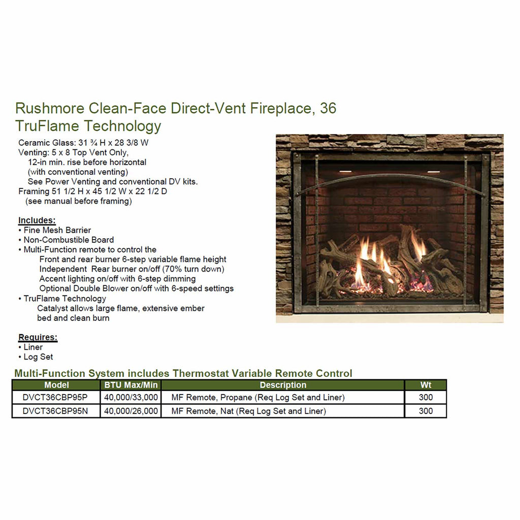 Direct-vent fireplace layout with burning logs and included accessories list