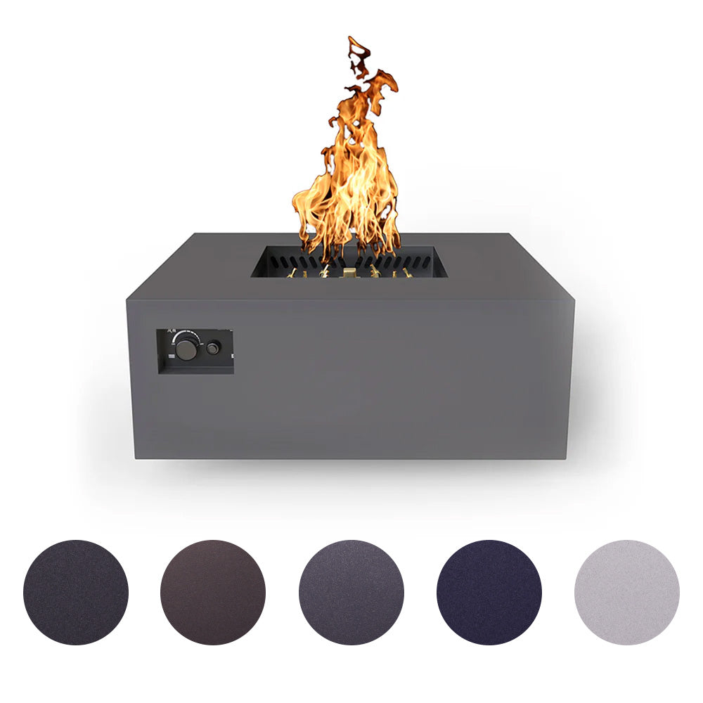 Square gas fire table with open burner and visible flames, black finish