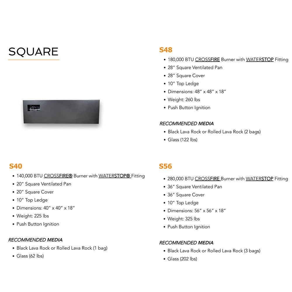 Square gas fire table spec sheet with small unit view and burner control panel