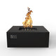 Square gas fire table with open burner and flames, black square top