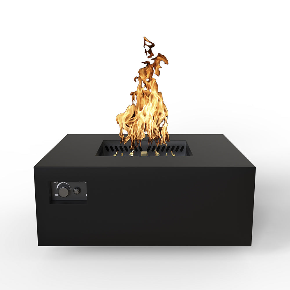 Square gas fire table with open flame and control panel, black finish