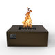 Square gas fire table with open burner and flames, bronze-brown finish