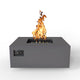 Square gas fire table with flames and black control panel, charcoal gray finish.