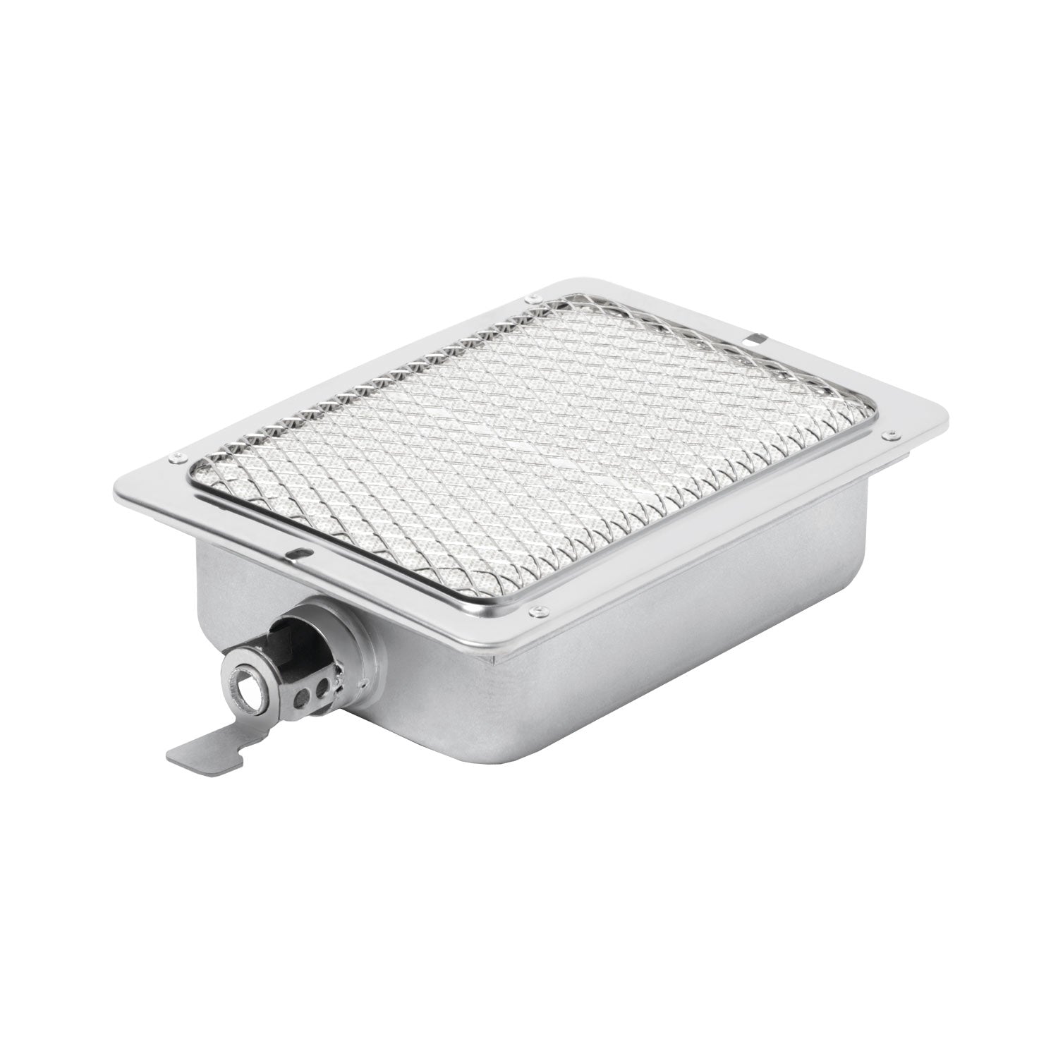Infrared side burner assembly with stainless steel housing and wire mesh grate, gas valve port