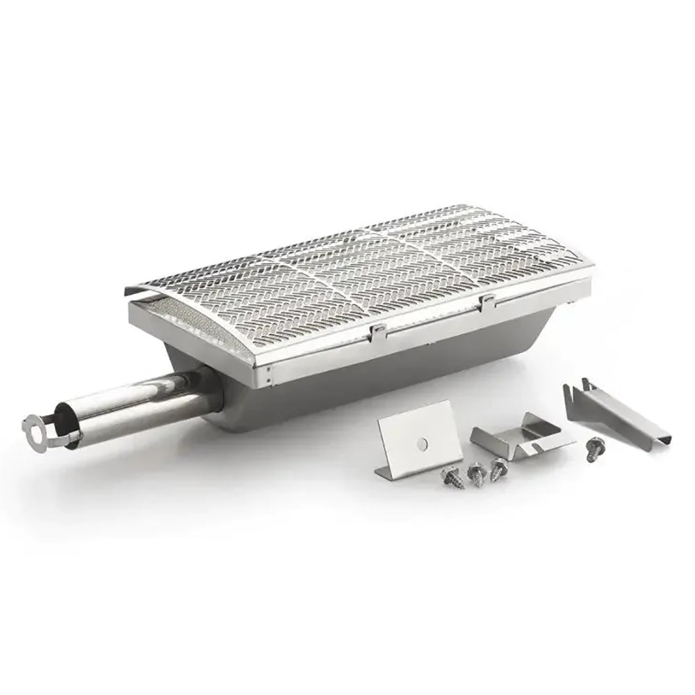 Infrared burner kit with stainless burner tray, glowing mesh cover, and mounting parts