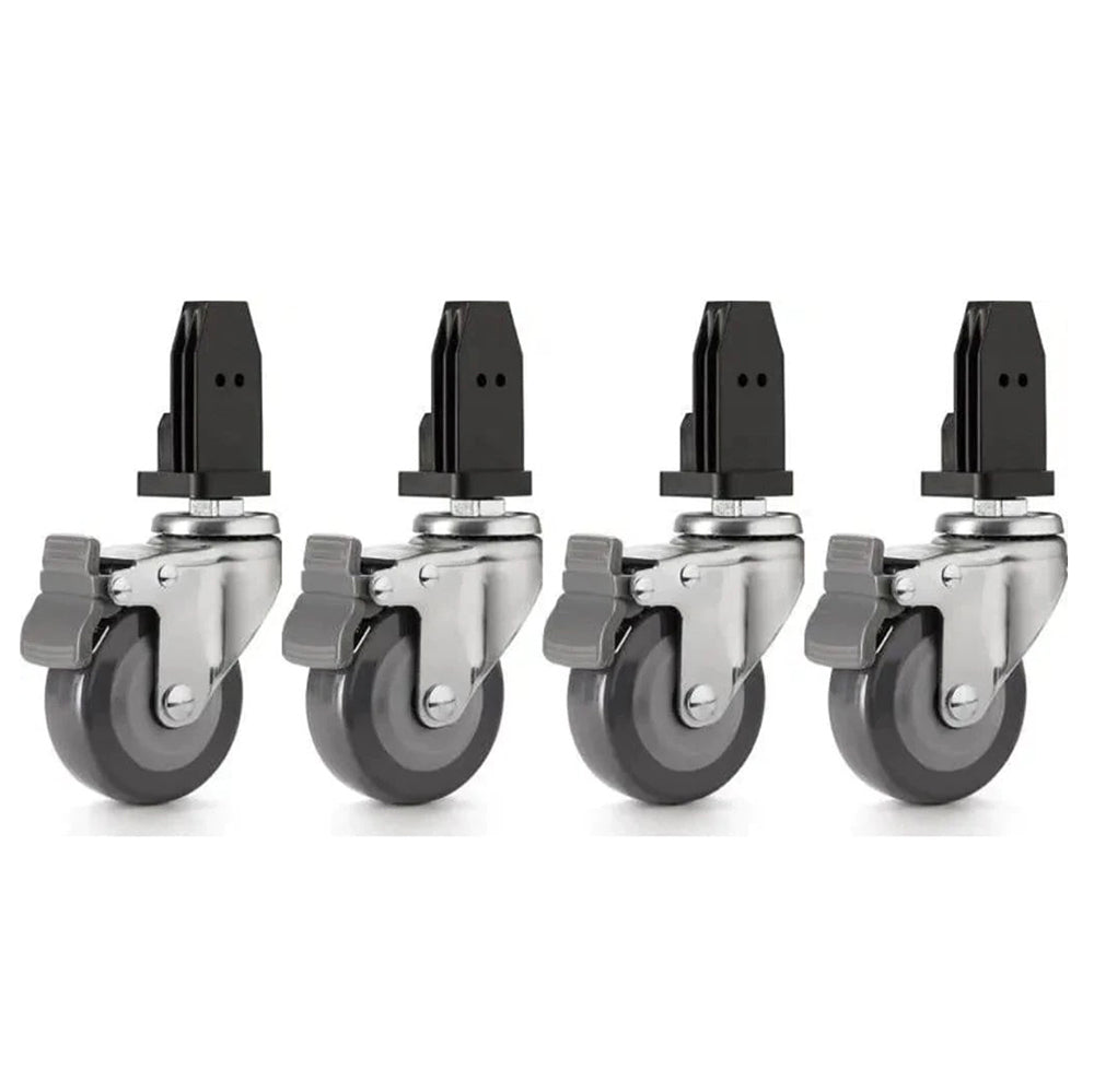 Heavy-duty swivel castor set with four grey rubber wheels and metal mounting brackets