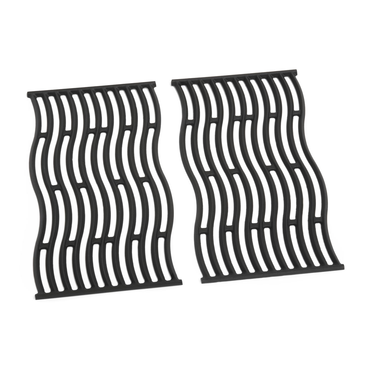 Pair of cast iron cooking grids with curved parallel slots, black