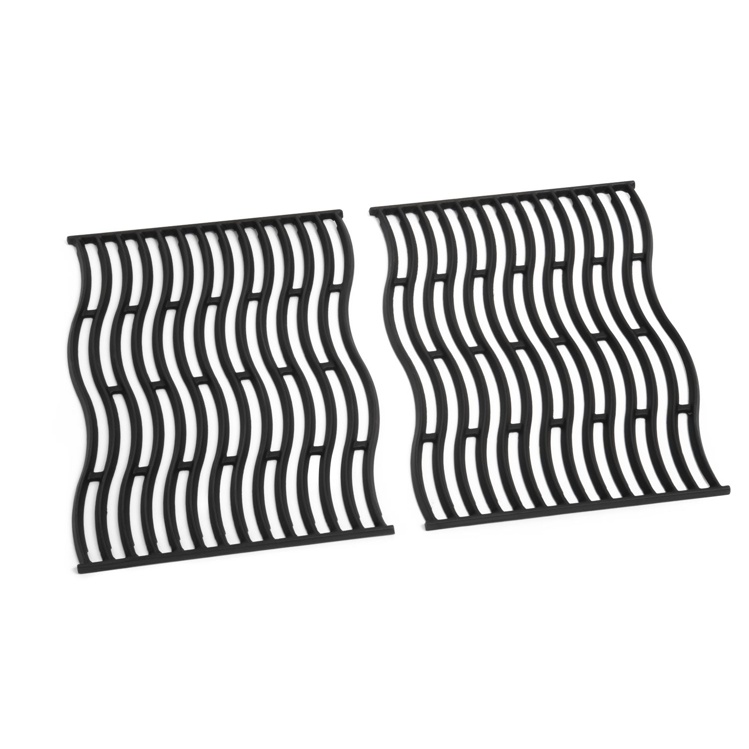 Cast iron cooking grid set, two curved black grilling inserts with parallel ridges