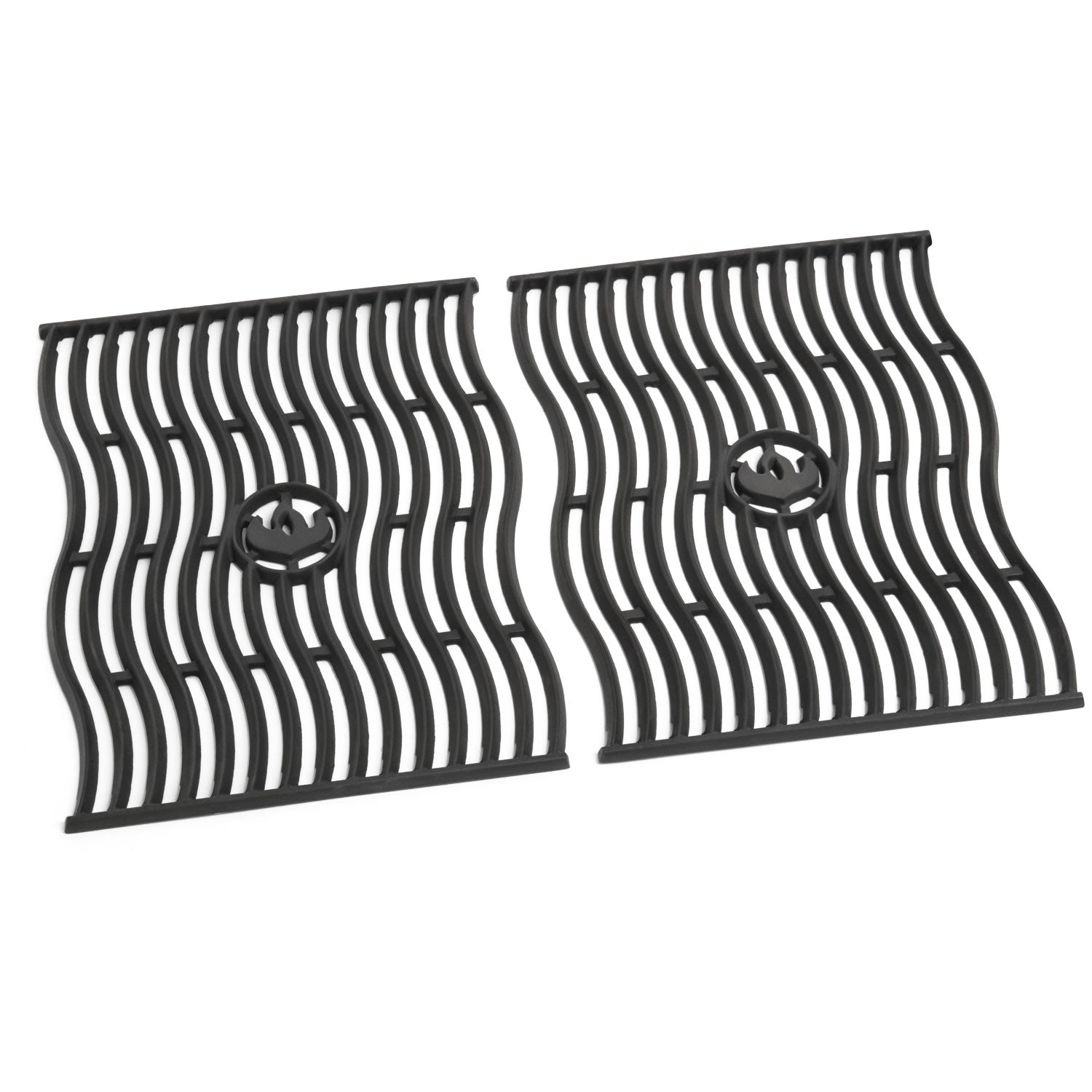 Two black cast iron cooking grids with wavy grooves and circular control holes