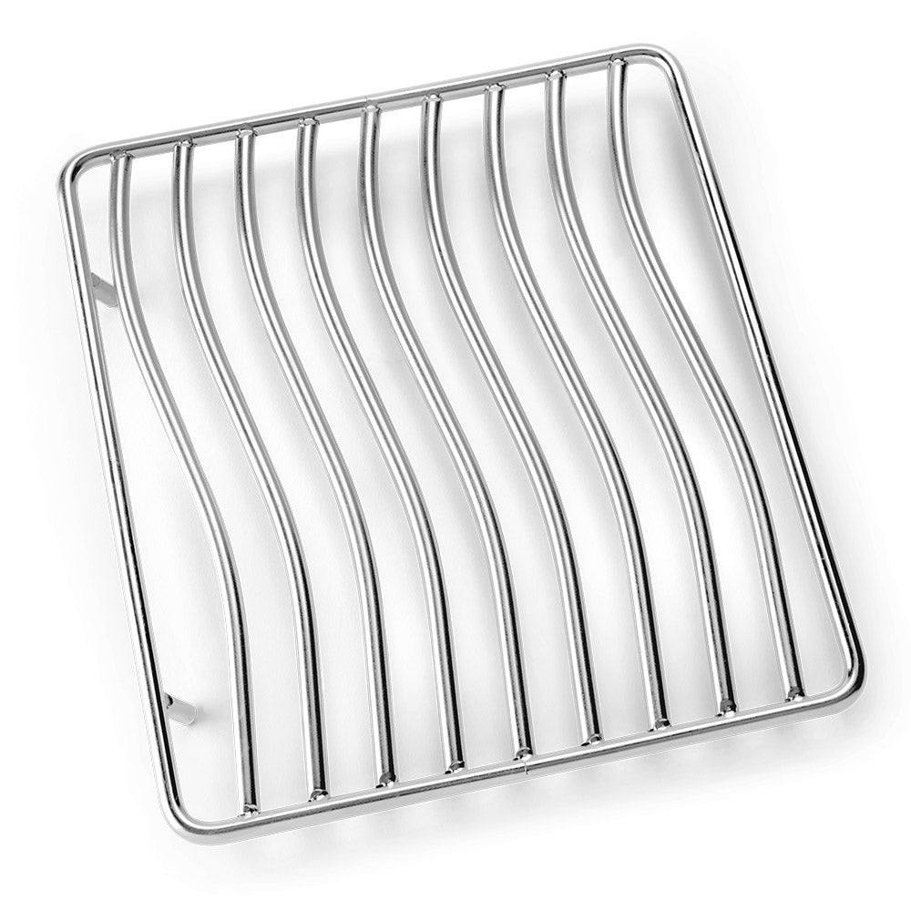 Stainless steel cooking grid with parallel bars and curved frame