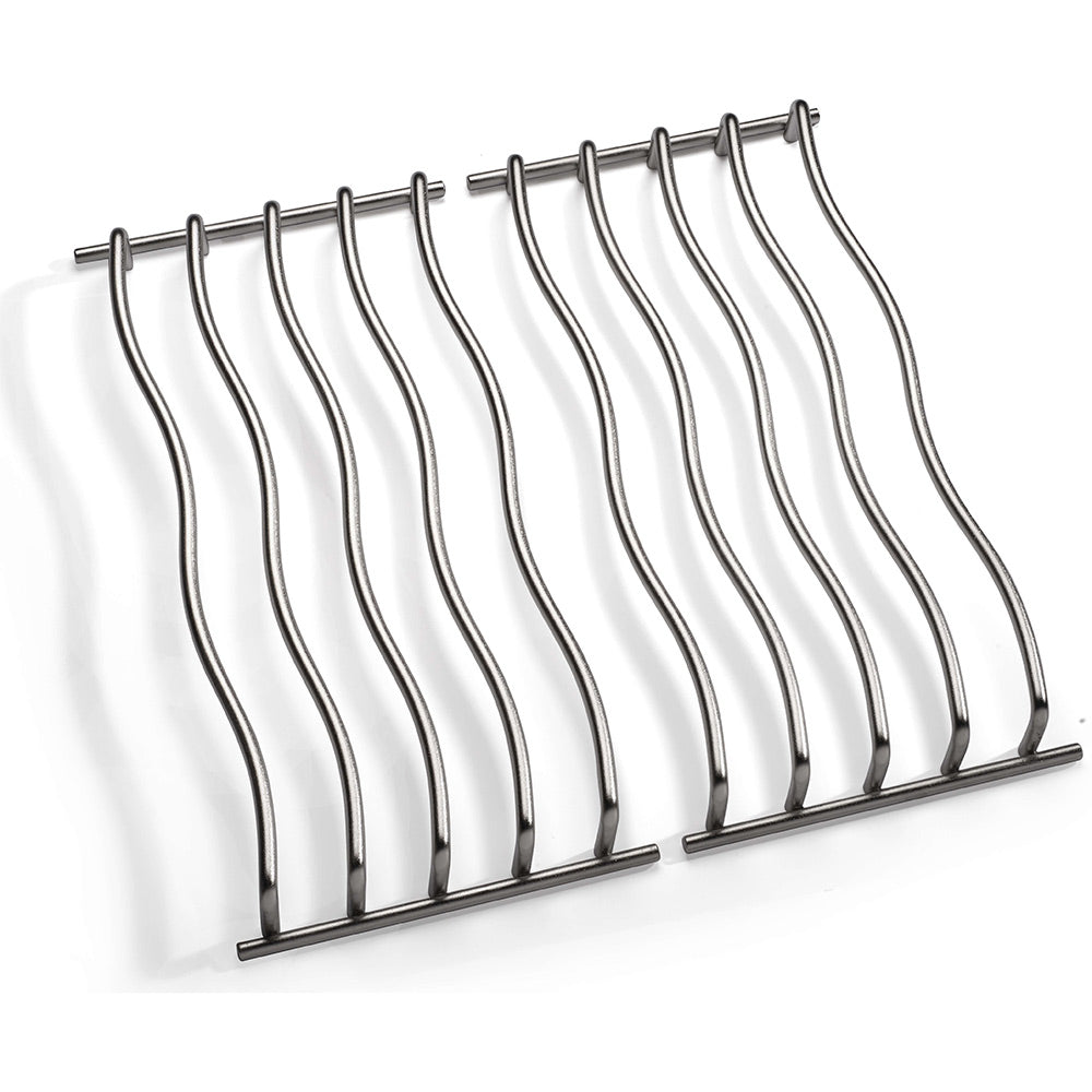 Stainless steel cooking grid with curved raised bars and front support frame