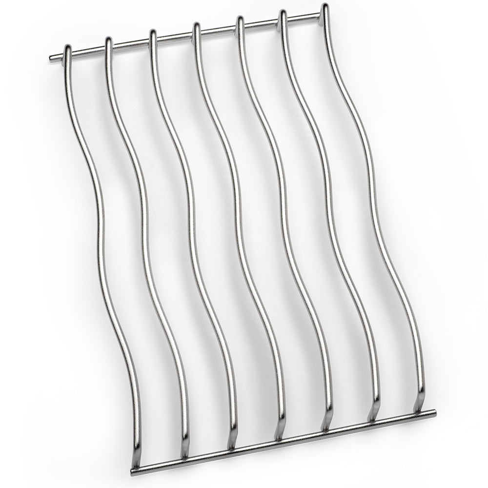 Stainless steel cooking grid with curved wire bars and two support rails