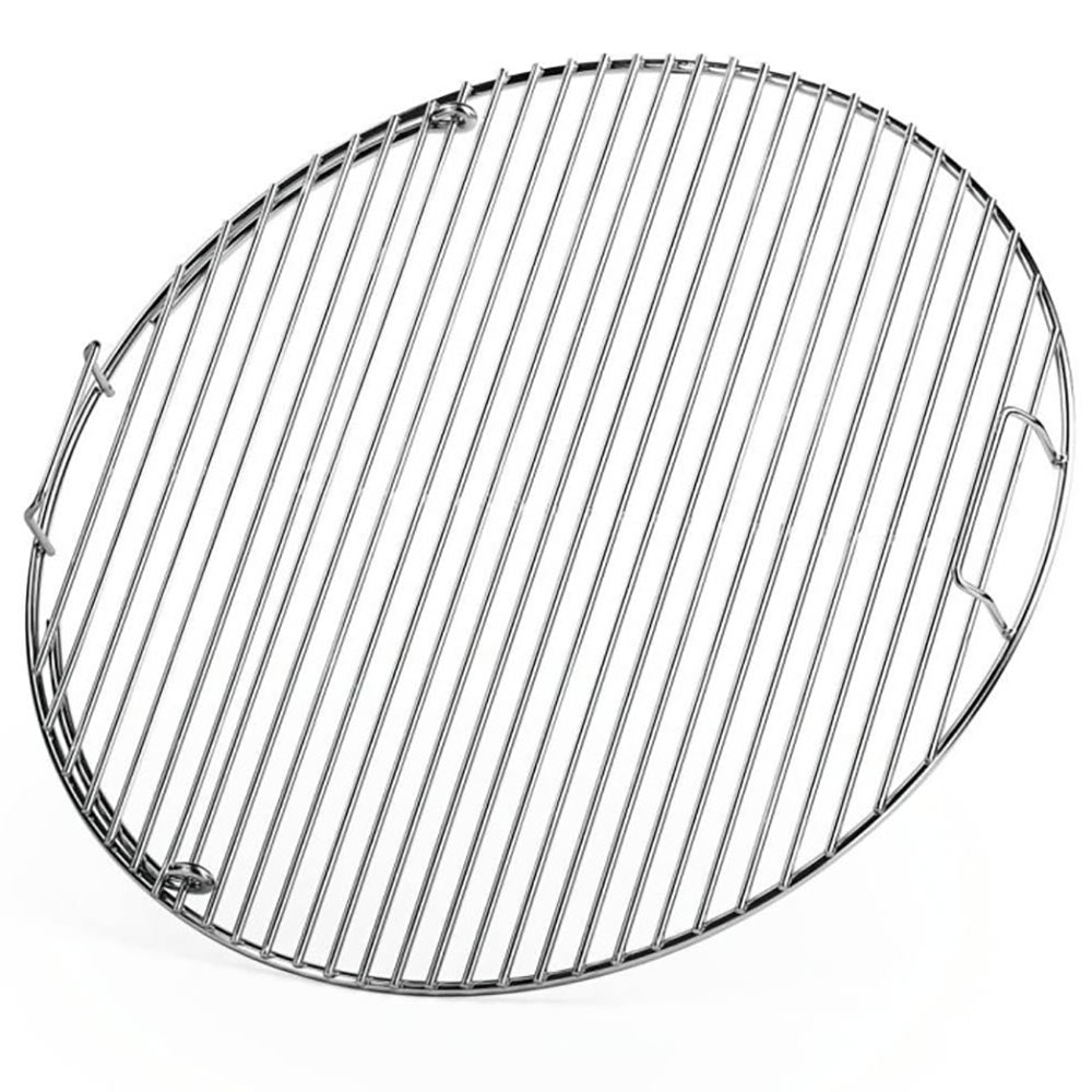 Stainless steel round cooking grid with vertical wire bars and side hooks