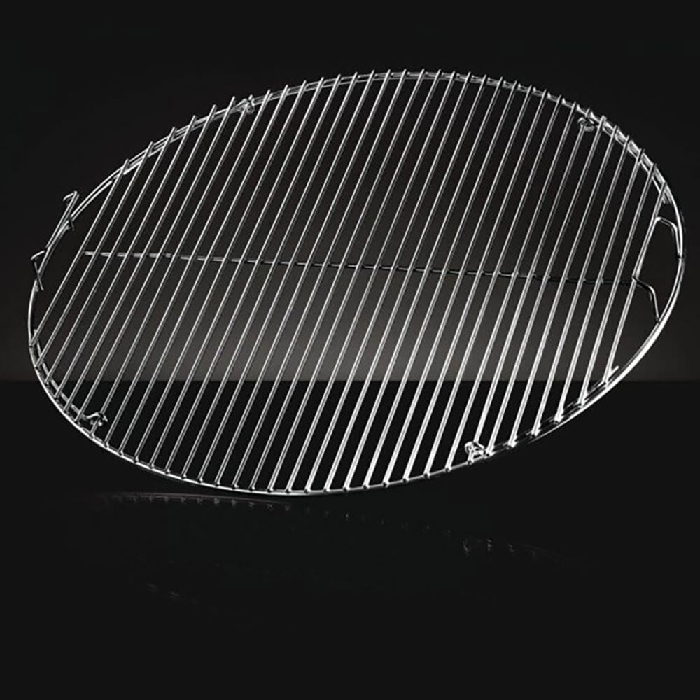 Round stainless steel cooking grid with vertical wire grate bars and side grips