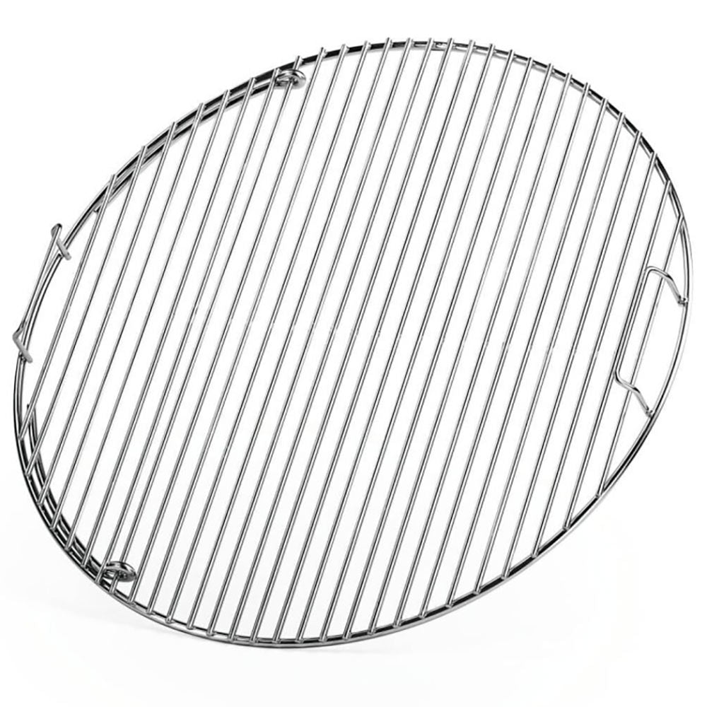 Round stainless steel cooking grid with closely spaced wire bars and hinged end brackets