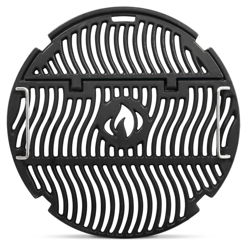 Cast iron grill cooking grid with curved heat slots and flame cutout