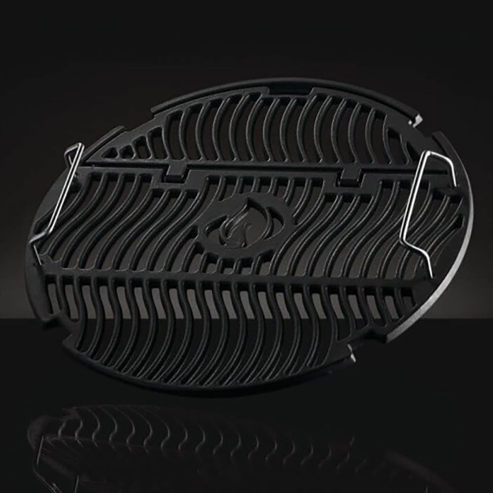 Cast iron grill cooking grid with heat slots, flame emblem, and side handles
