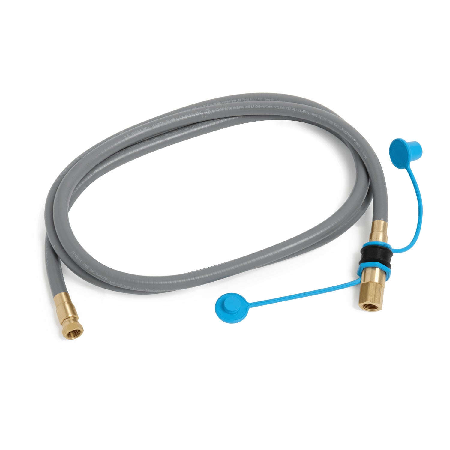 Natural gas hose with quick connect fitting, gray braided hose, brass ends with blue release