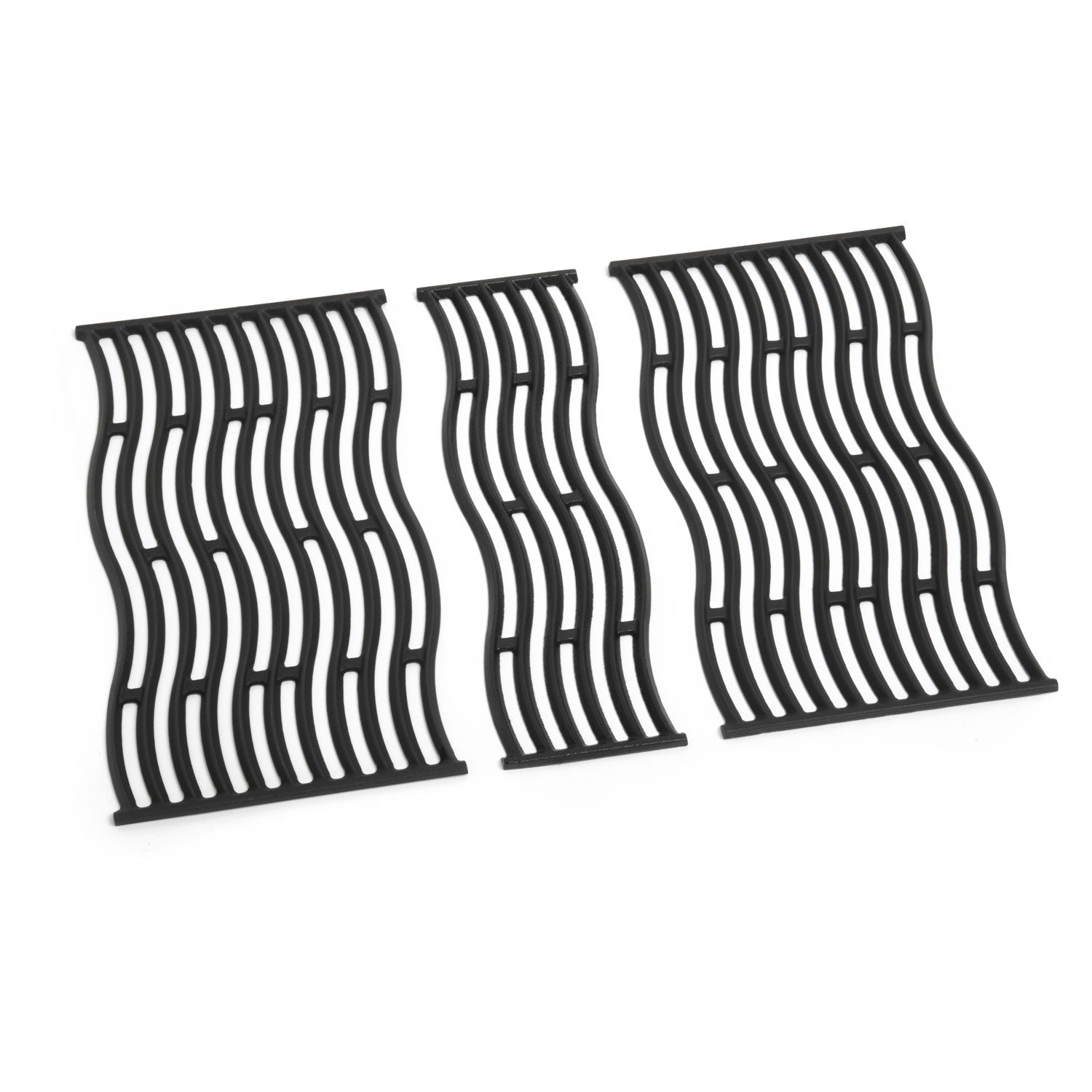 Three cast iron cooking grids, black with parallel ridges
