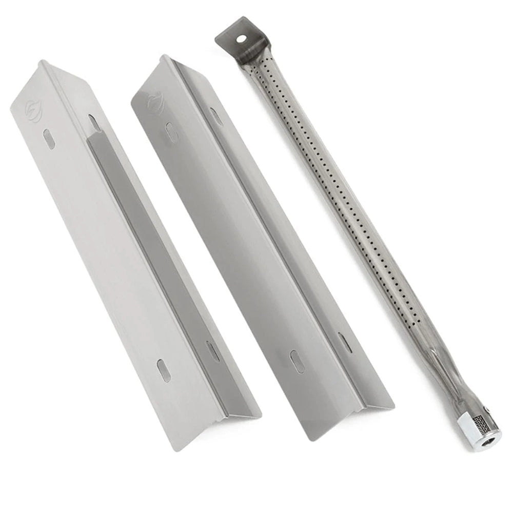 Gas grill burner and sear plate set, stainless metal with perforated igniter tube