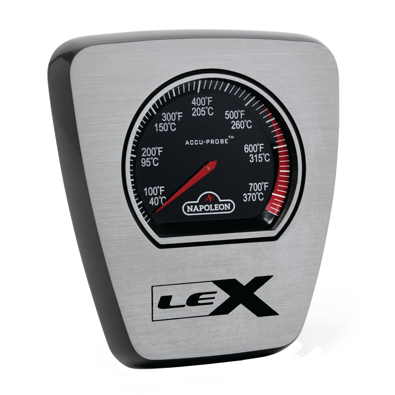 Napoleon LEX temperature gauge with round black dial, red needle, brushed metal housing