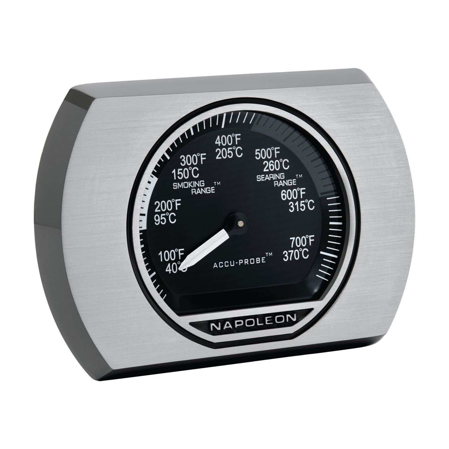Napoleon temperature gauge with brushed metal body and black dial scale in °F/°C