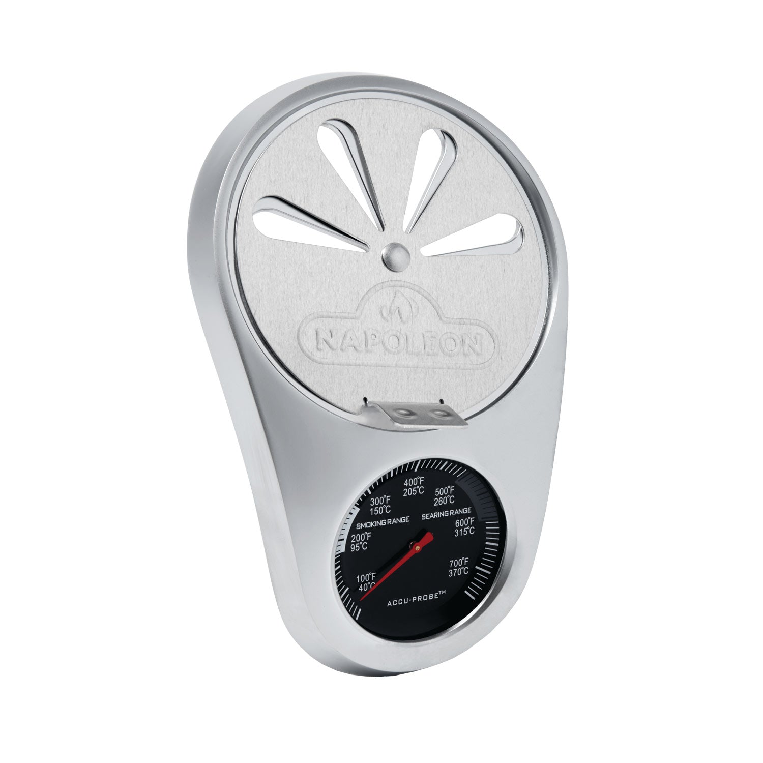 Napoleon temperature gauge with round metal bezel and charcoal grill thermometer dial