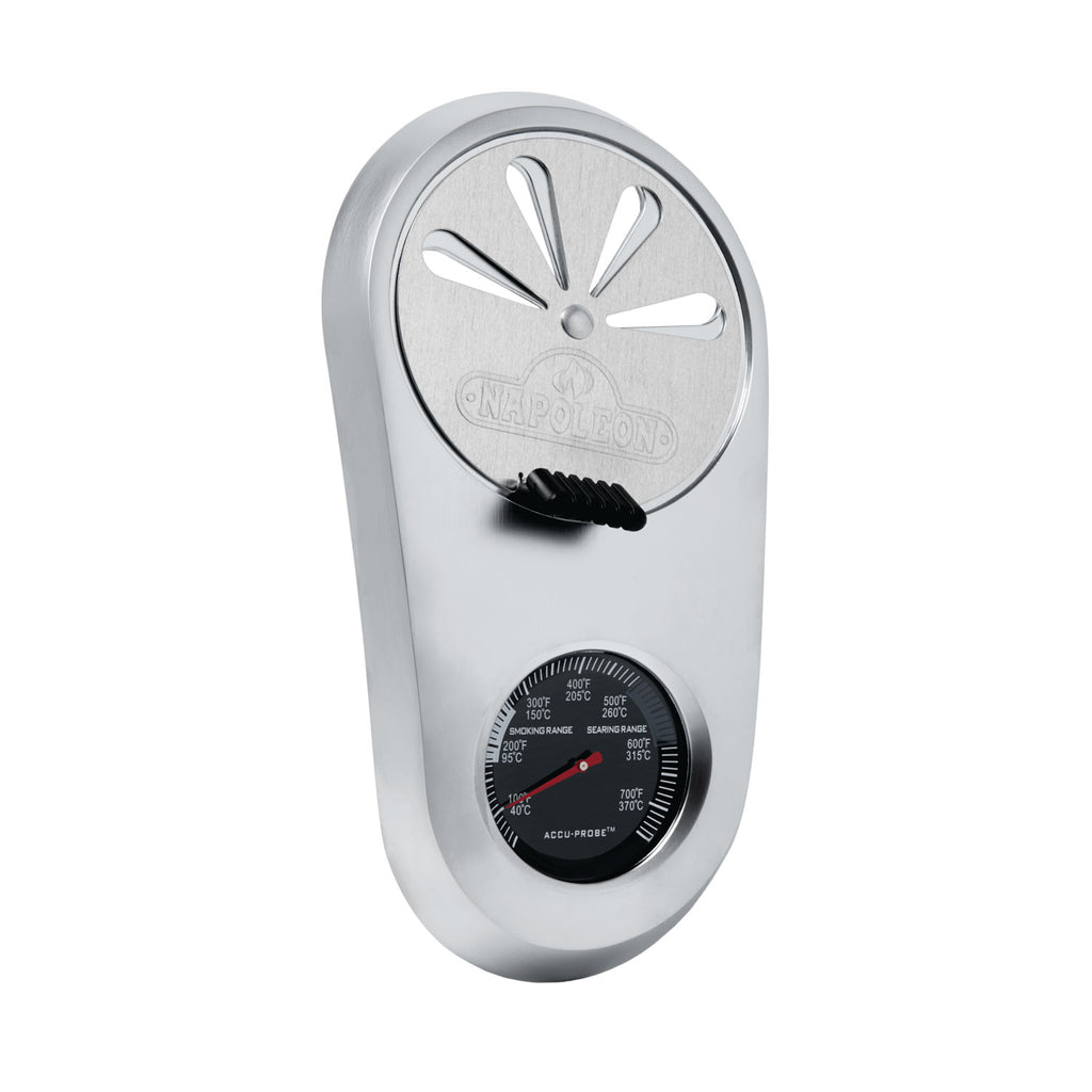 Metal grill temperature gauge with round dial and red indicator