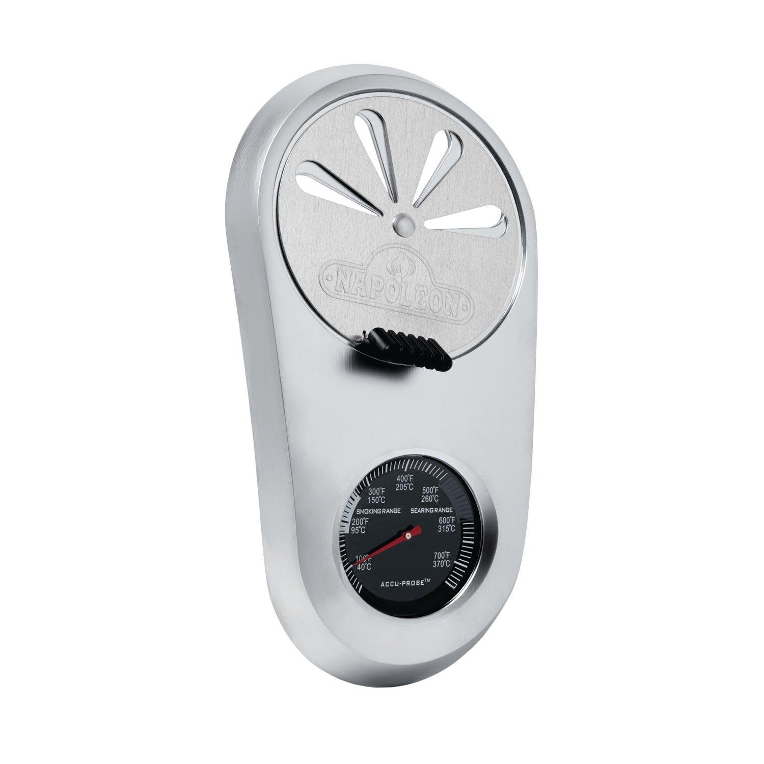Metal grill temperature gauge with round dial and red indicator