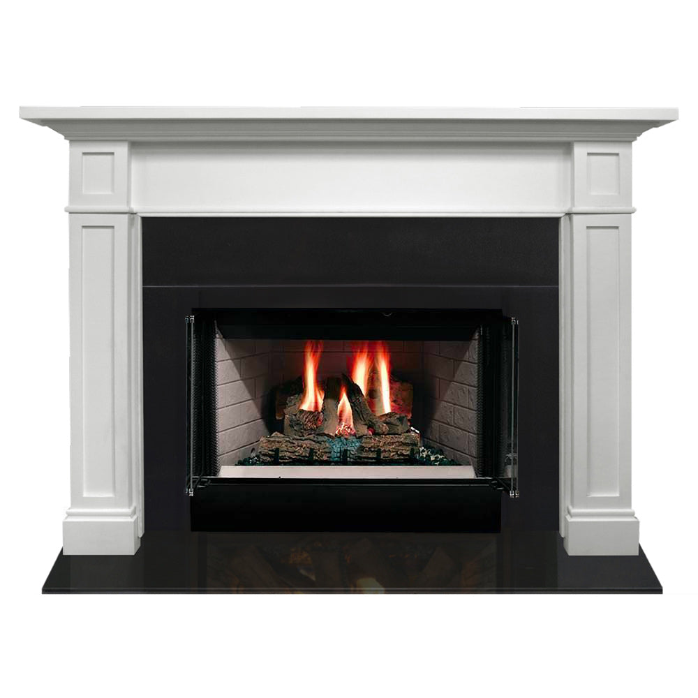 White flush wood fireplace mantel with black firebox and burning logs