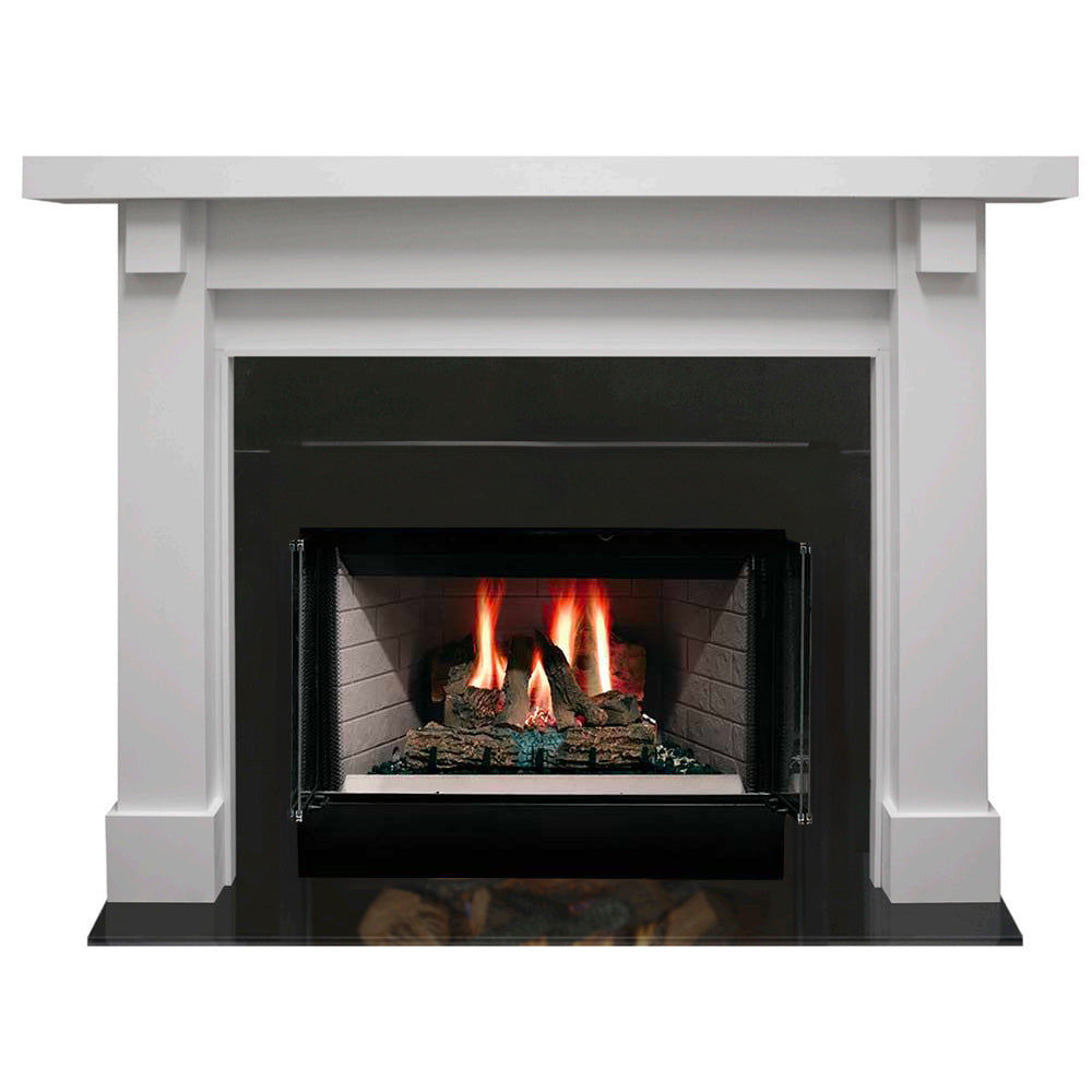 White flush wood mantel with built-in wood-burning fireplace, glass firebox front