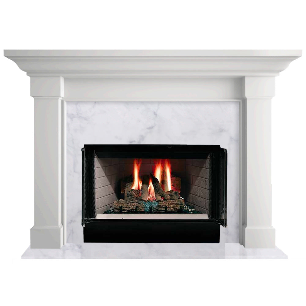 White flush wood mantel fireplace with glass-front firebox and visible flames