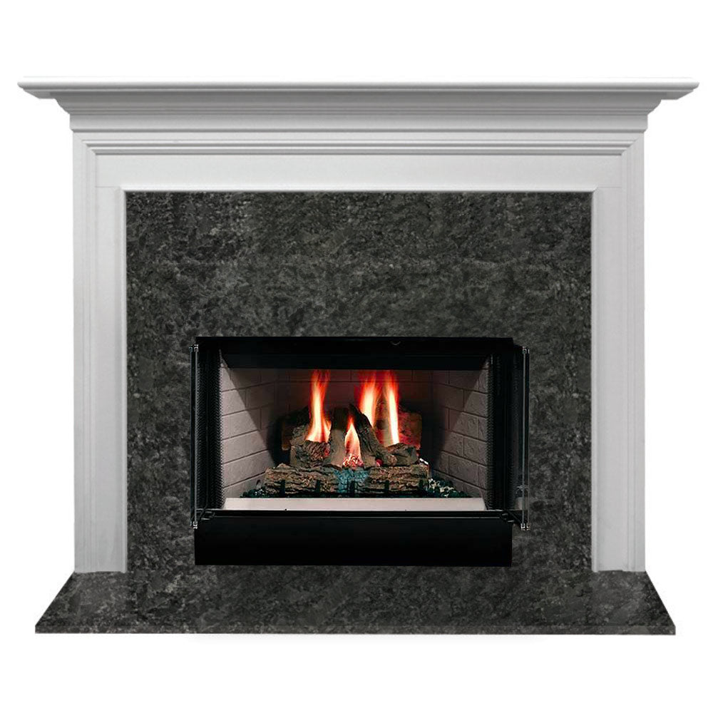 White flush mantel fireplace with black firebox and lit logs