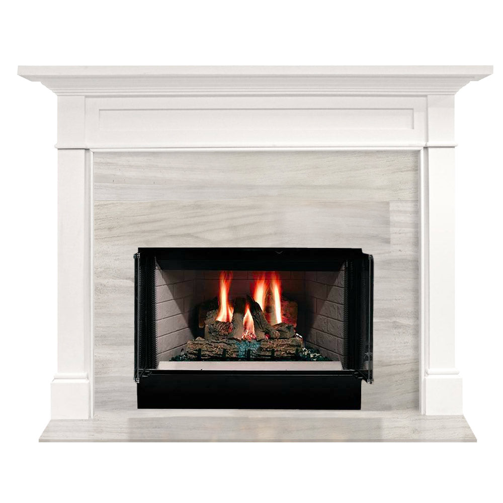 White flush wood fireplace mantel with black firebox and burning logs