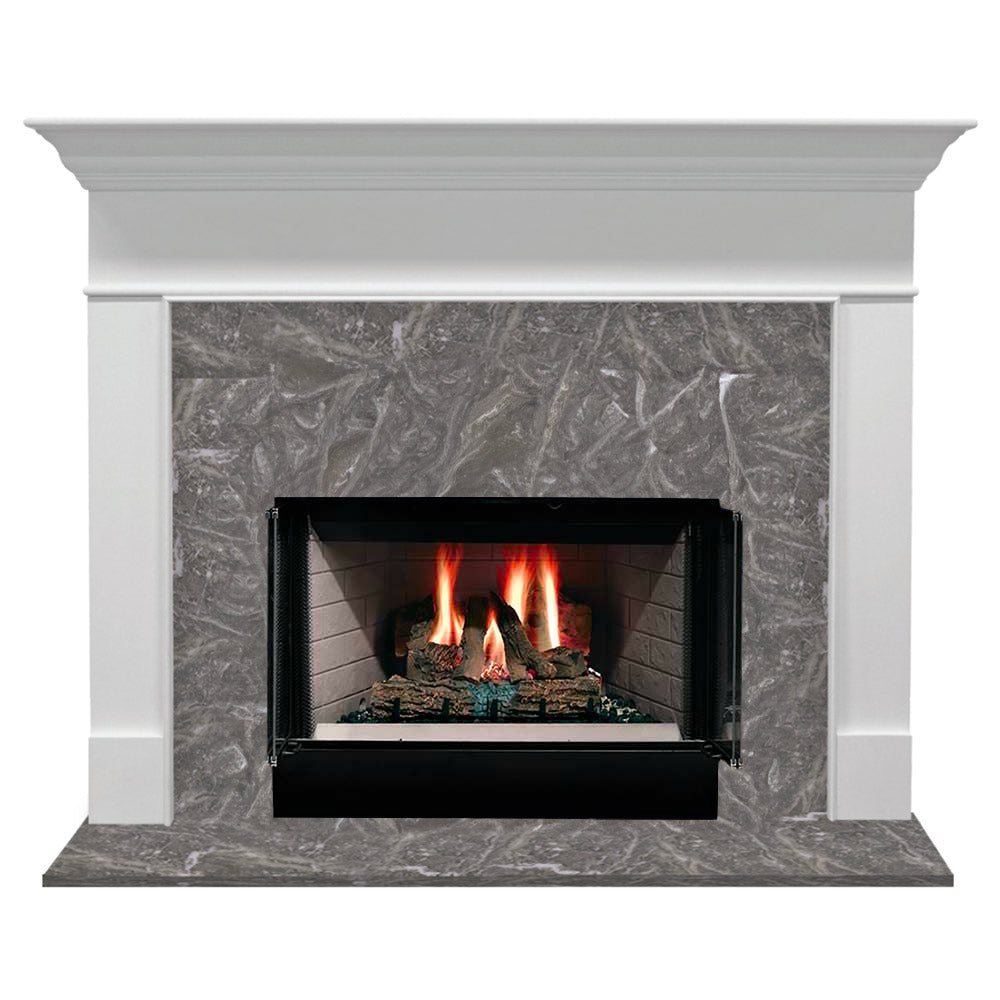 White wood-burning fireplace mantel with black firebox and burning logs