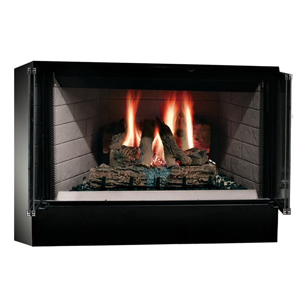 Black wood-burning fireplace with open firebox and burning logs inside
