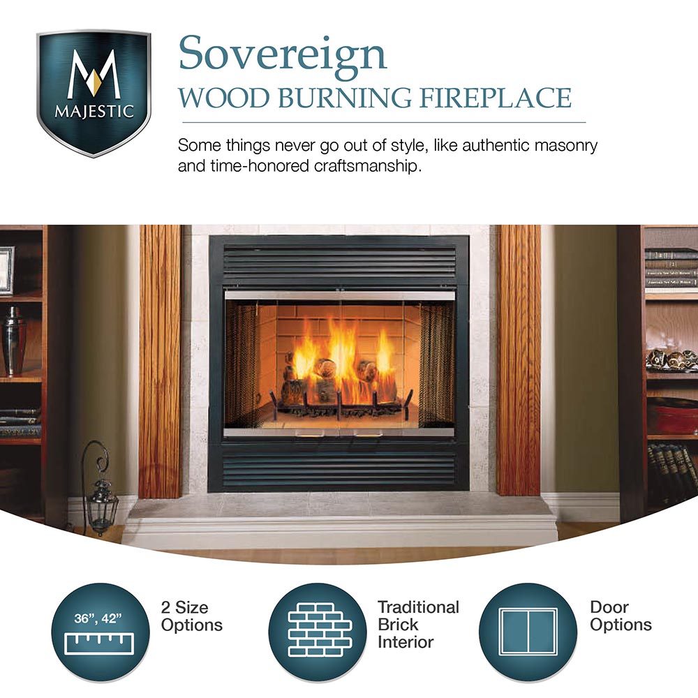 Wood-burning fireplace brochure graphic with traditional brick interior and door options