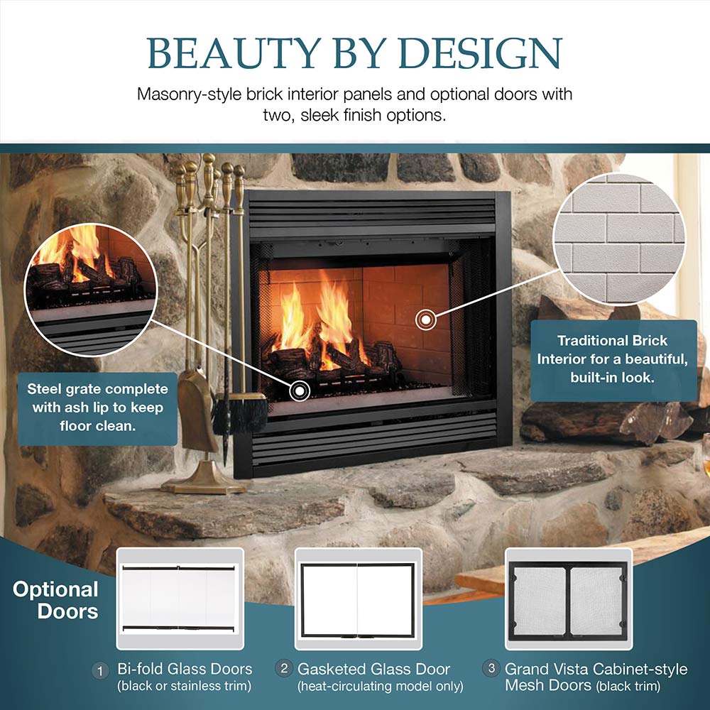 Wood-burning fireplace infographic showing brick interior, steel grate, and optional doors