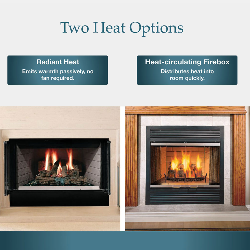 Wood-burning fireplace infographic comparing radiant and heat-circulating heat options