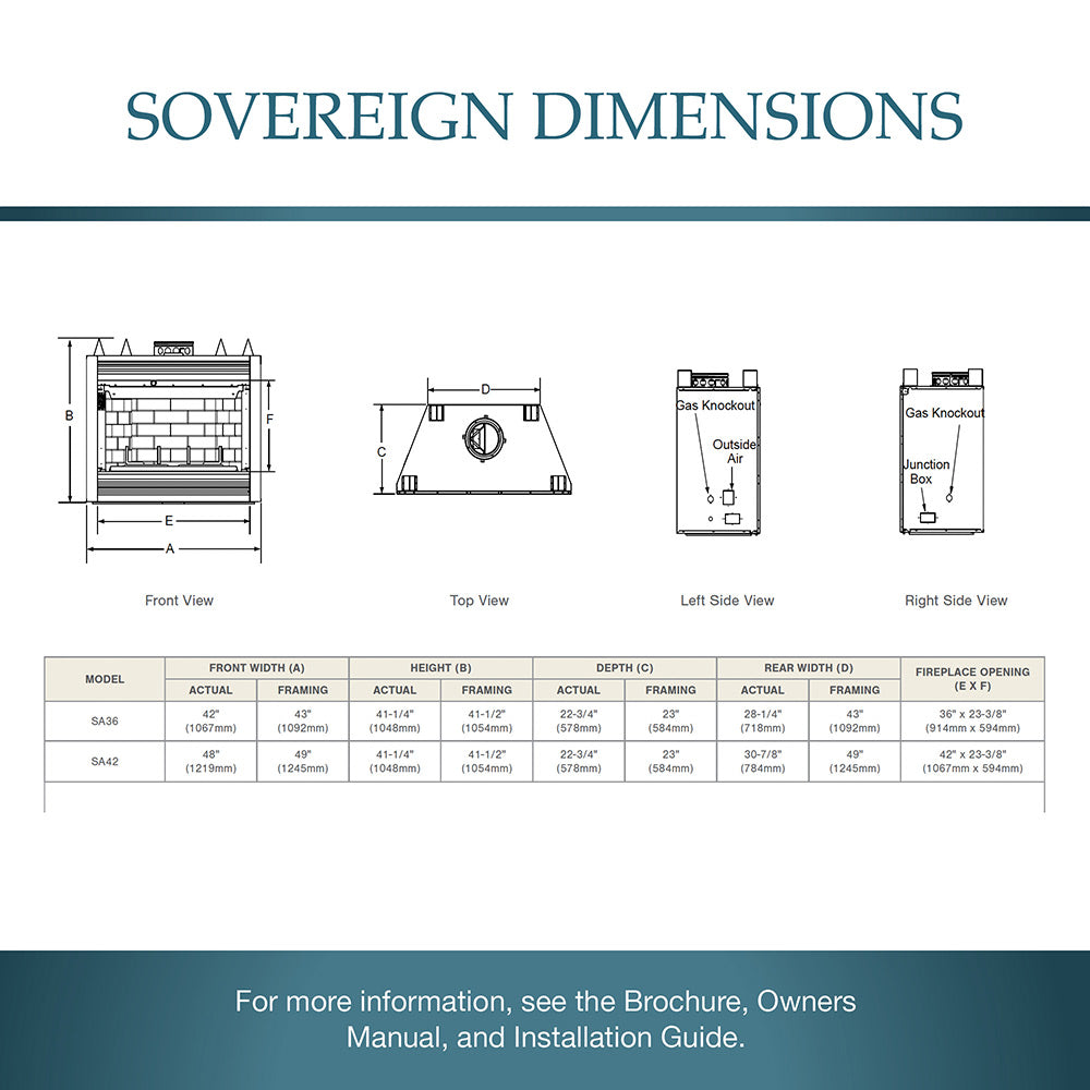Wood-burning fireplace dimensions diagram with front, top, and side views