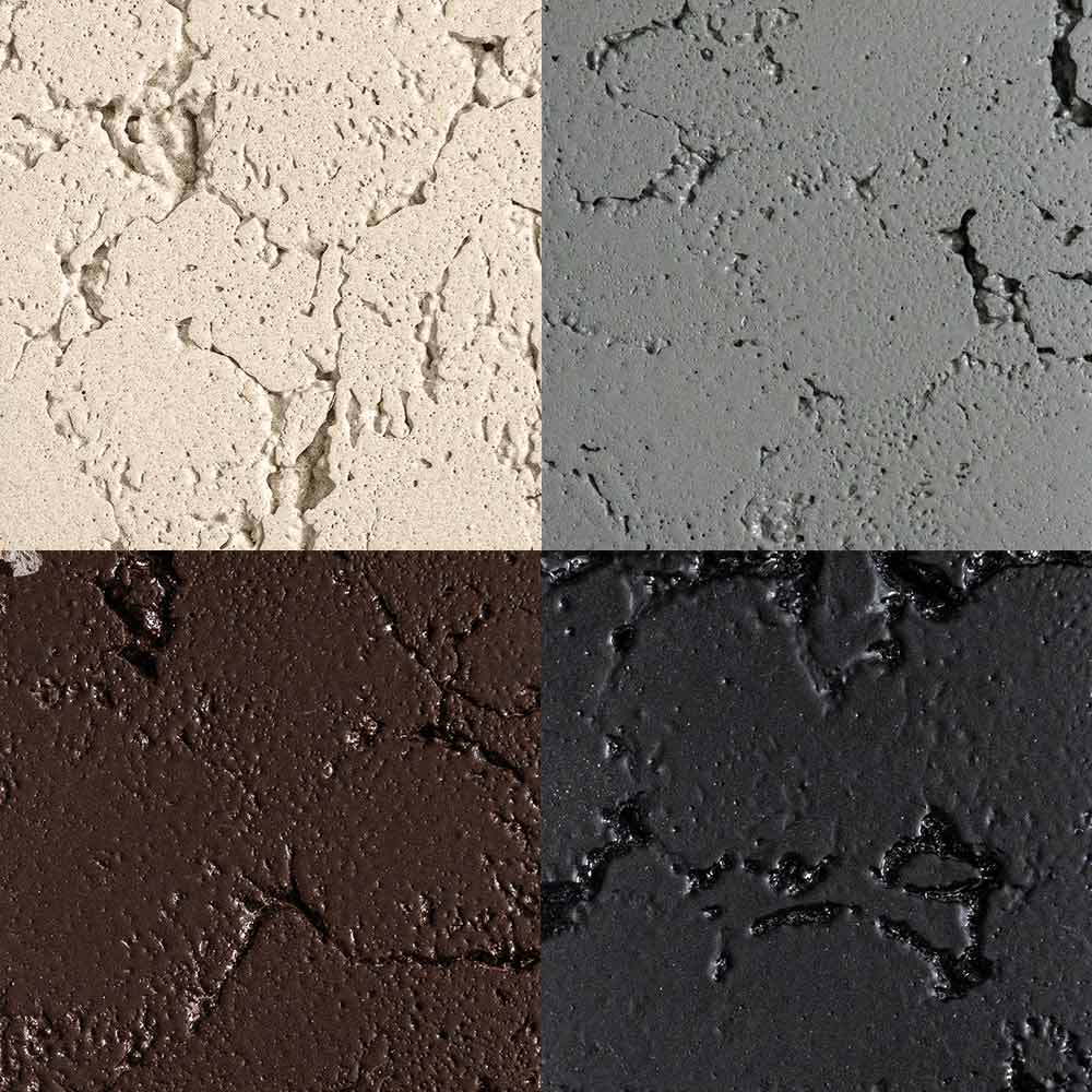 Sample swatches set with stucco texture in light tan, dark gray, chocolate brown, and raven black.