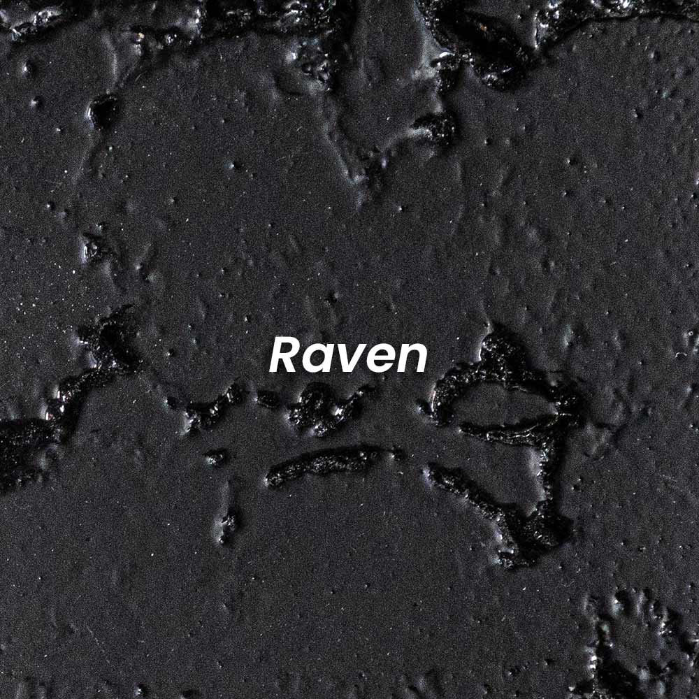 Raven sample swatch with rough stucco texture, glossy dark black finish.